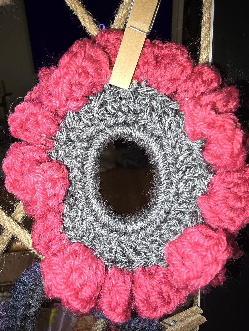 Handmade Crocheted Scrunchie with Gray Center and Bright Pink Petals